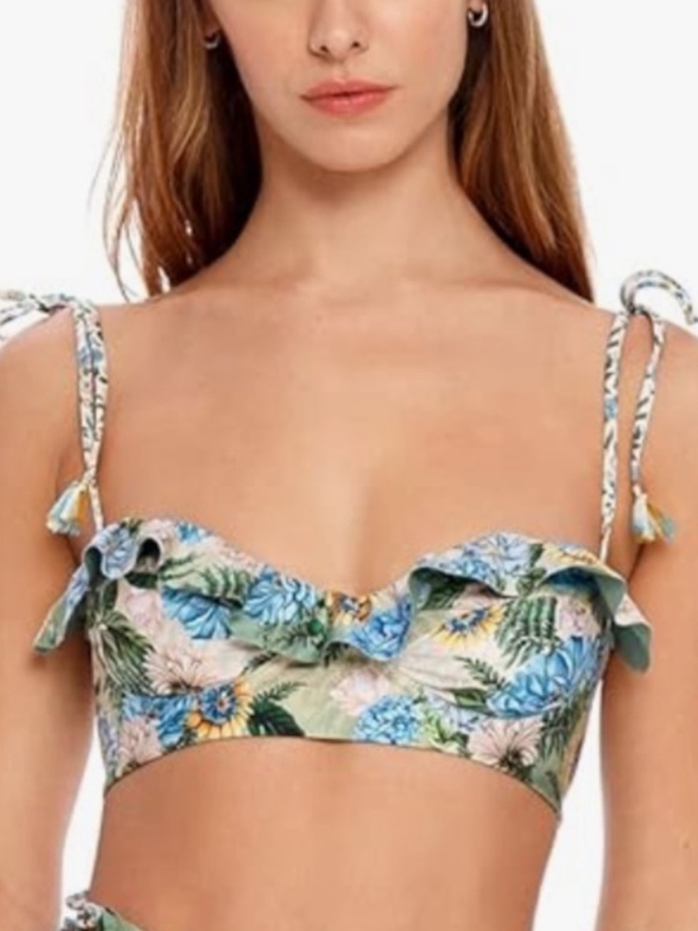 Agua Bendita Margot Aine Bikini top Floral Ruffle Tie- Blue Green